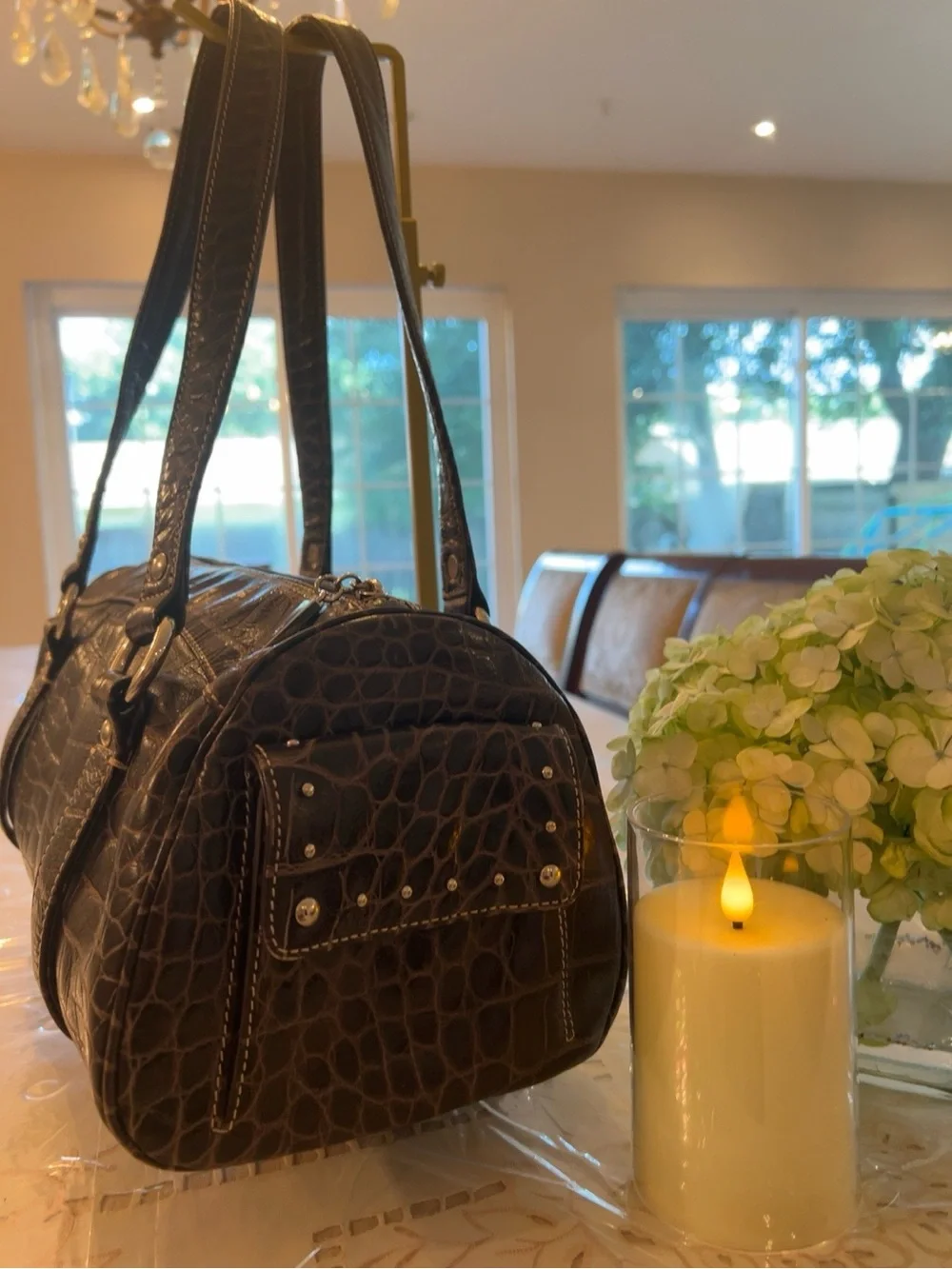 Donald J Pliner Brown Croc Embossed Leather Satchel Bag + Matching Size 8 Shoes